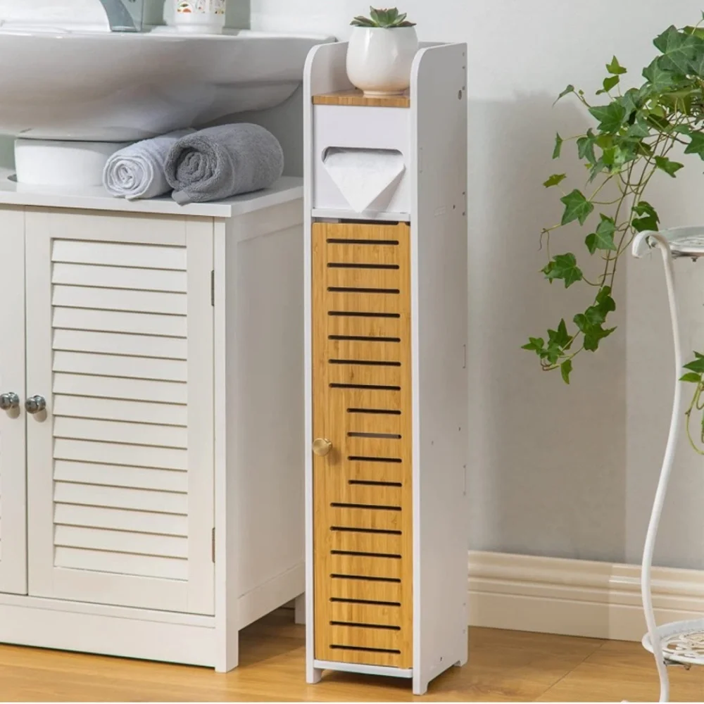 Bathroom Storage Corner Floor Cabinet/Shelves with Bamboo Doors